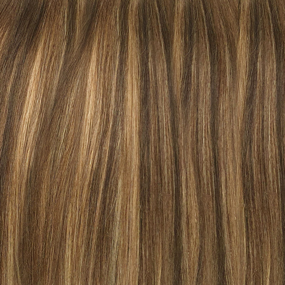 Bronde Balayage bruine en blonde clip in hairextensions met een donkere aanzet / uitgroei.