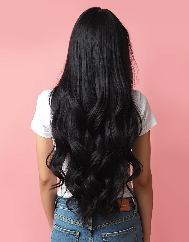 Hoe lang zijn hairextensions van 60cm? In dit voorbeeld zie je hoe lang clip in extensions van 60cm, ook wel 24 inch zijn.