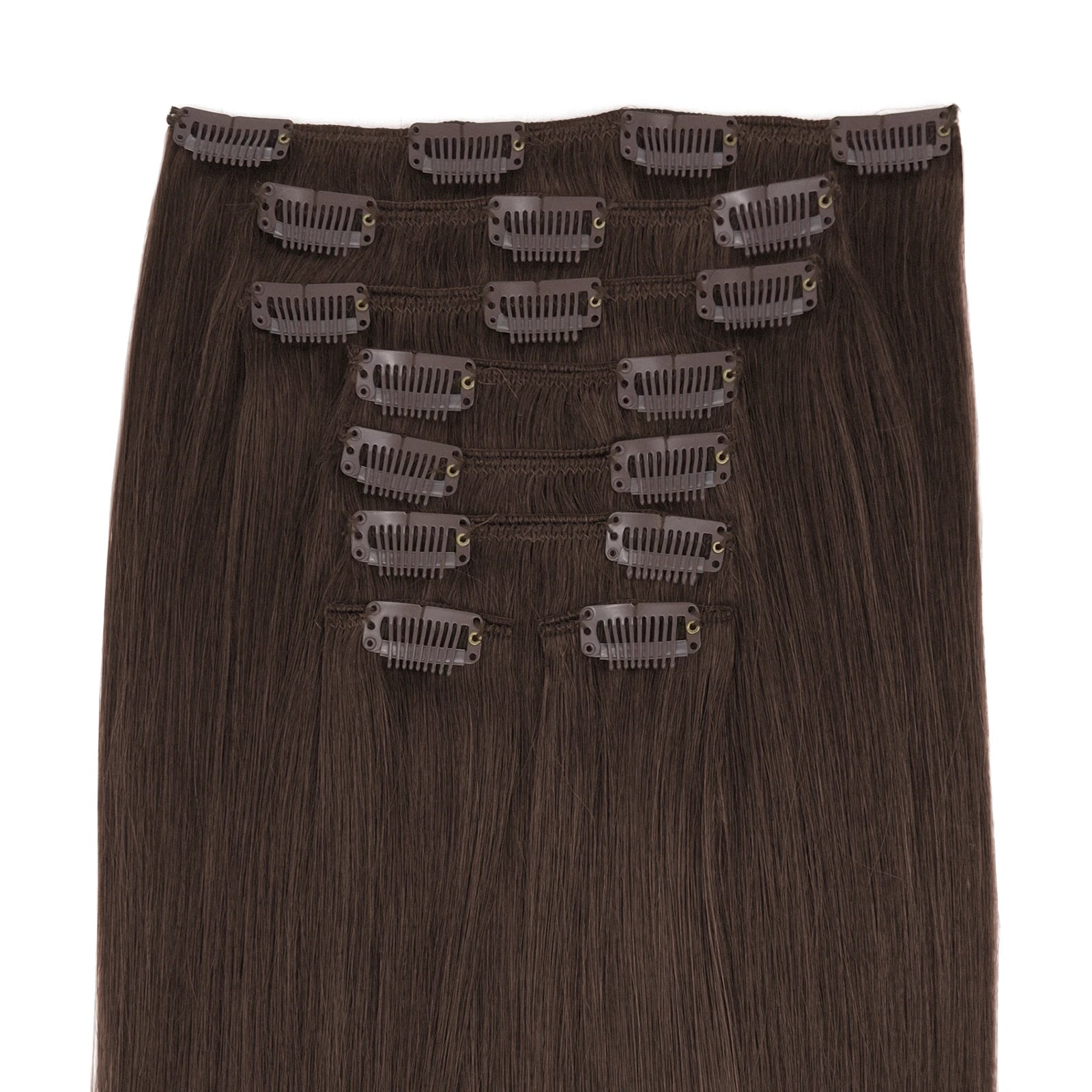 Set clip in hair van 8 banen in de kleur Chocolade bruin. Extensions gemaakt van echt haar, remy gesorteerd en vol tot in de punten door de double drawn en double weft techniek.