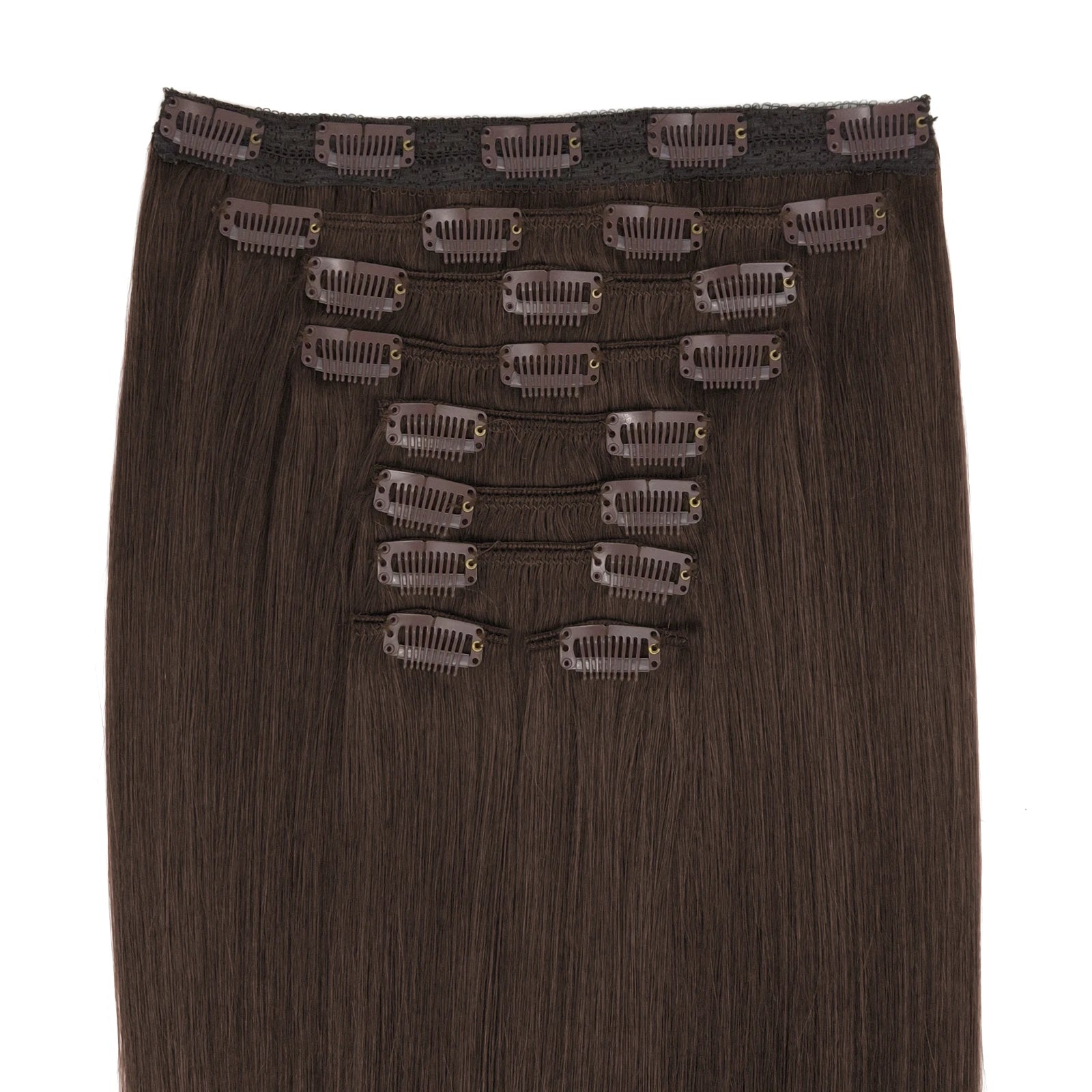 XL set clip in hair met 9 stroken voor dik haar of een glamorous look. Verleng je haar met deze chocolade bruine hairextensions gemaakt van echt haar.