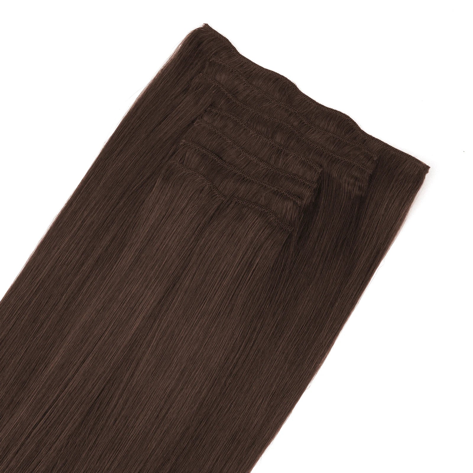 Chocolade bruine clip in hair extensions van remy human hair. Double drawn en double weft, dus extra vol tot in de punten.