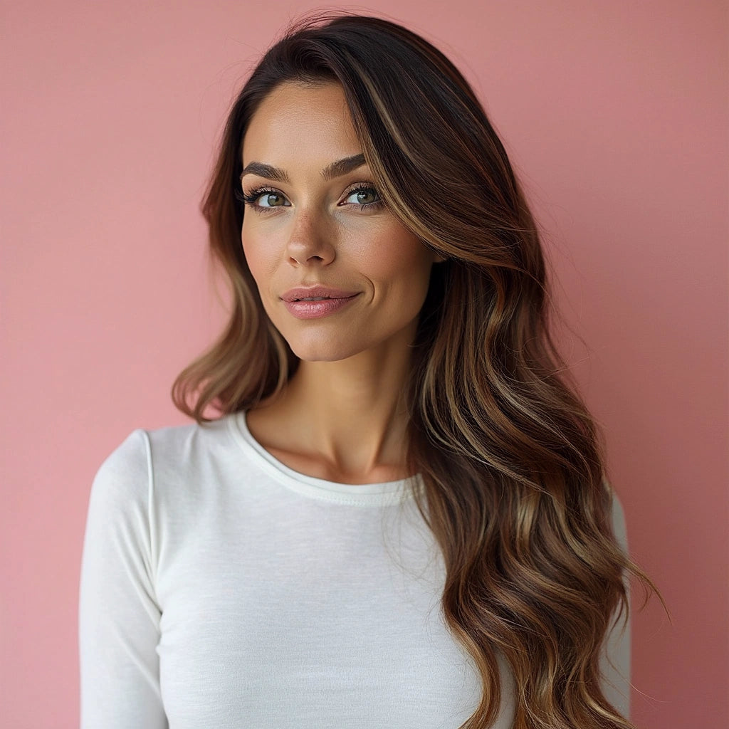 Donker bruine Clip in hairextensions met highlights blenden gemakkelijk met meerdere bruintinten en geven je haar extra dimensie. Gemaakt van echt haar dus naar wens te stylen of krullen.