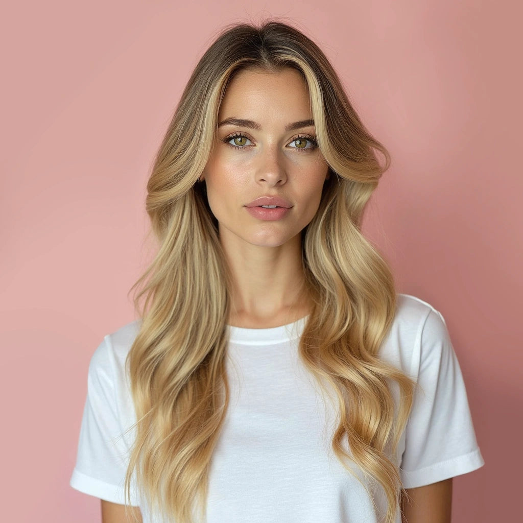 Honey balayage clip in hair met een donkere aanzet en blonde gehighlighte punten. Extensions gemaakt van echt haar!