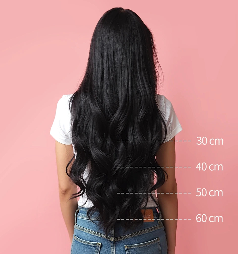Maattabel clip in hair extensions lengtes 30cm, 40cm, 50cm en 60cm lang. 