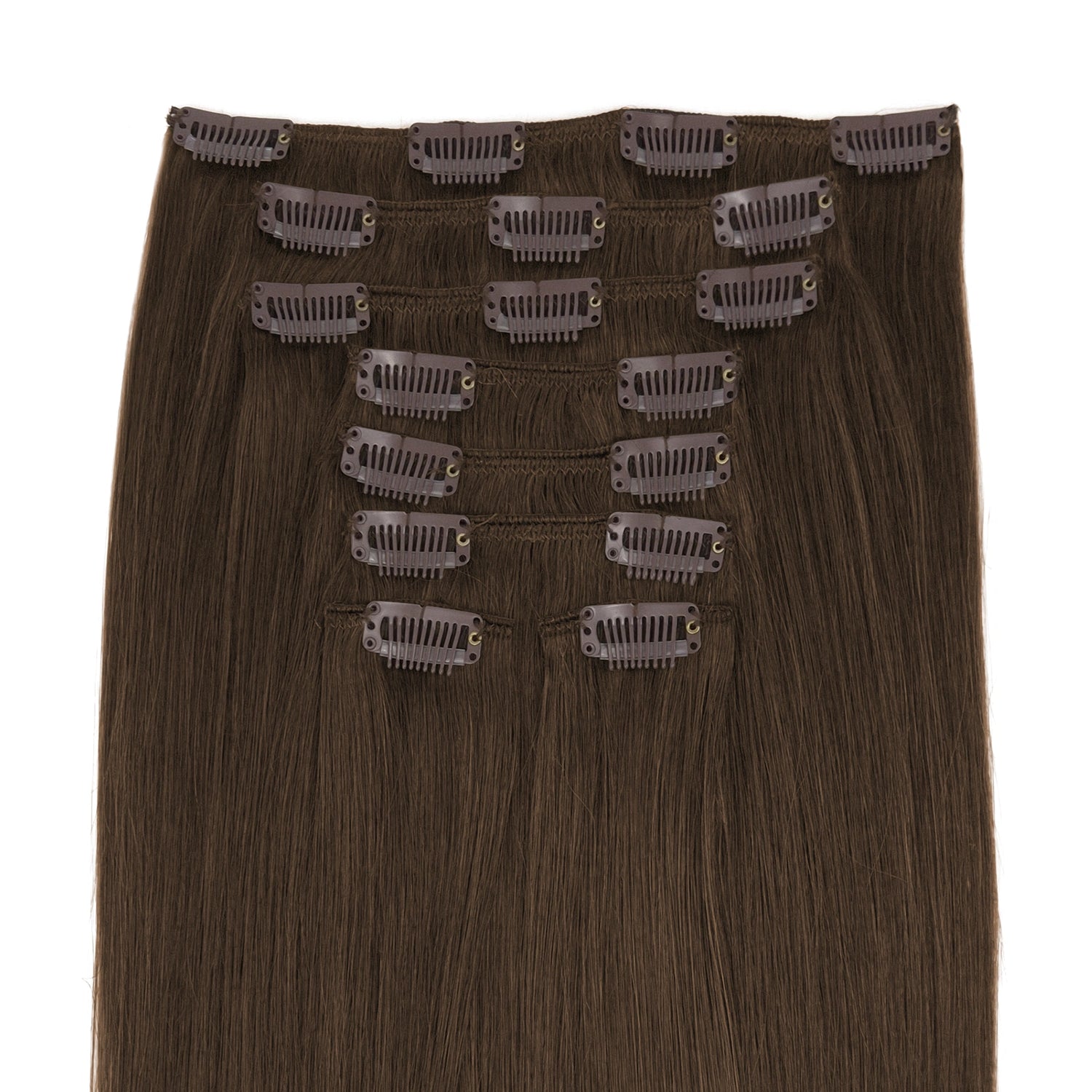 Set clip in hair van 8 banen in de kleur Chocolade bruin. Extensions gemaakt van echt haar, remy gesorteerd en vol tot in de punten door de double drawn en double weft techniek. 
