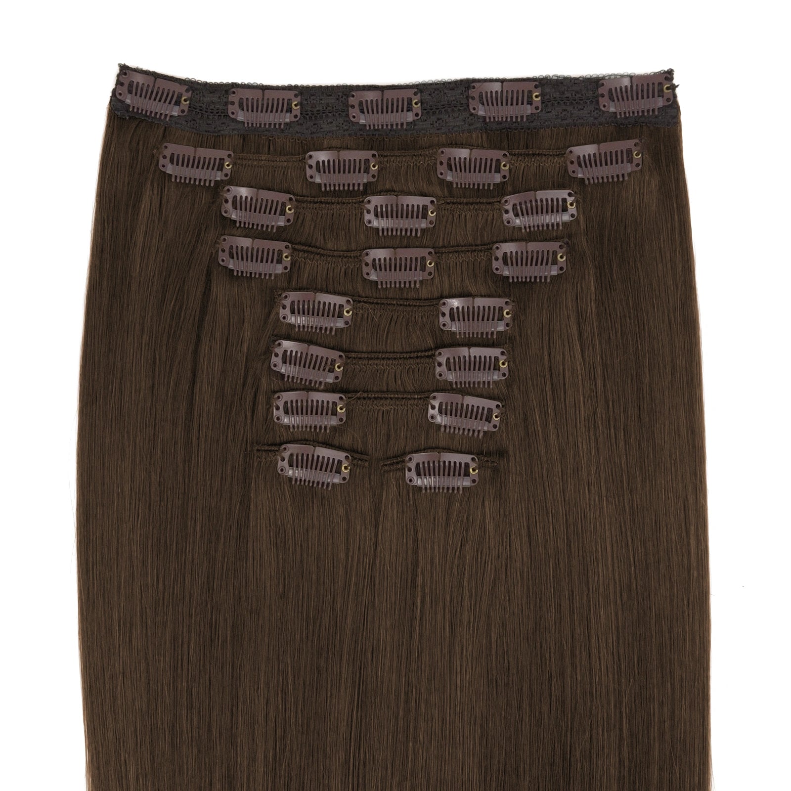 XL set clip in hair met 9 stroken voor dik haar of een glamorous look. Verleng je haar met deze chocolade bruine hairextensions gemaakt van echt haar. 