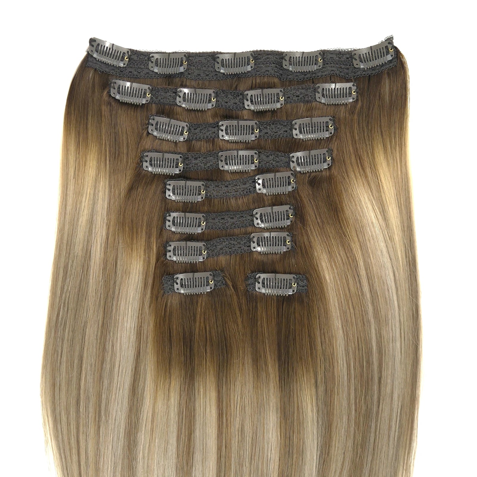 Extra volle set clip in hairextensions met 9 banen. Deze hair extensions zijn gemaakt van remy human hair, double drawn en double weft, dus vol tot in de punten. 