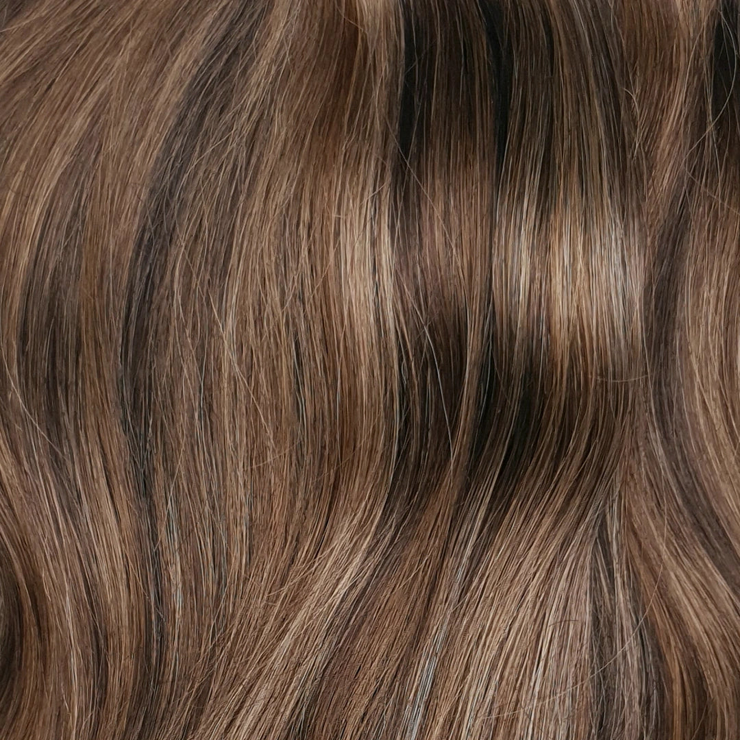 CLIP IN HAIREXTENSIONS MET BRUINE HIGHLIGHTS GEMAAKT VAN REMY HUMAN HAIR - ECHT HAAR MET VERSCHILLENDE BRUINTINTEN