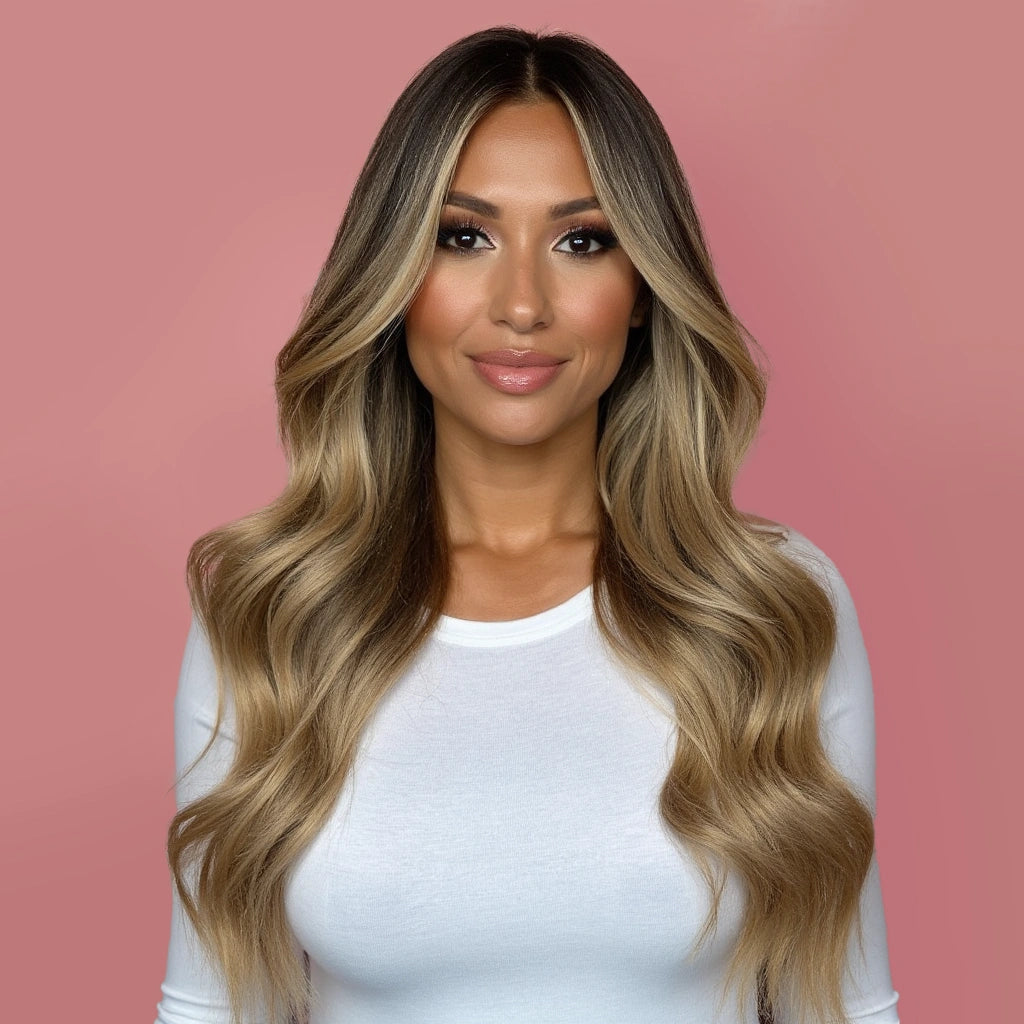 Chocolate Balayage heeft prachtige glanzende asblonde punten en een donkere aanzet. Clip in hair gemaakt van remy human, dus echt haar!