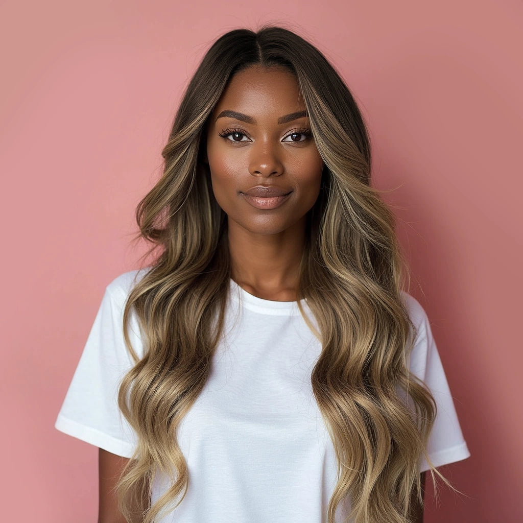 Chocolate balayage clip in hairextensions met donkere uitgroei naar asblonde punten. Clip ins gemaakt van remy human hair voor de mooiste blend. 