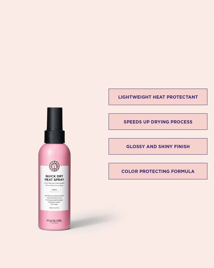 Quick dry heat spray van Maria Nila versneld het droogproces en is lichtgewicht en hitte beschermend