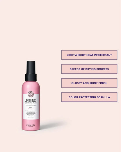 Quick dry heat spray van Maria Nila versneld het droogproces en is lichtgewicht en hitte beschermend