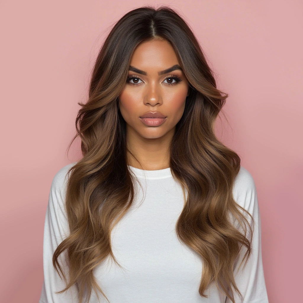 Off black balayage clip in hair heeft een zwart-bruine uitgroei die overloop in chocolade bruine punten. Full head set extensions gemaakt van remy human hair. 