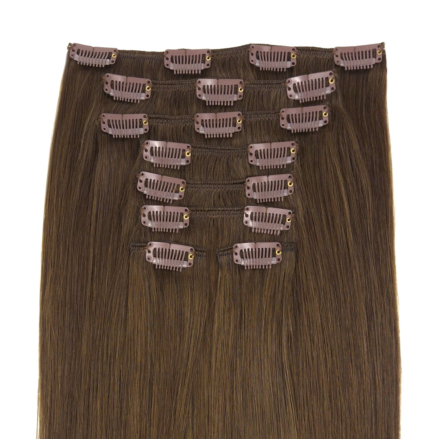 Remy human hair clip in hair extensions in de kleur midden bruin / licht bruin. Set van 8 stroken echt haar met clips. 
