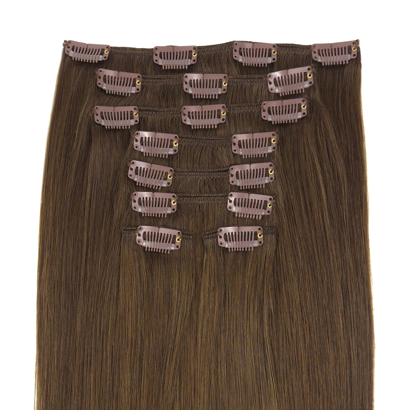 Remy human hair clip in hair extensions in de kleur midden bruin / licht bruin. Set van 8 stroken echt haar met clips. 