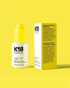 Verpakking van k18 molecular repair hair oil, vegan haarolie geschikt voor hairextensions.
