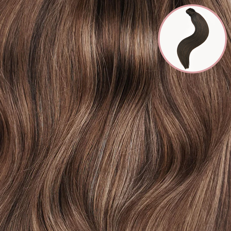 Mixed bruine highlights ponytail van echt haar. Remy human hair paardestaart extension