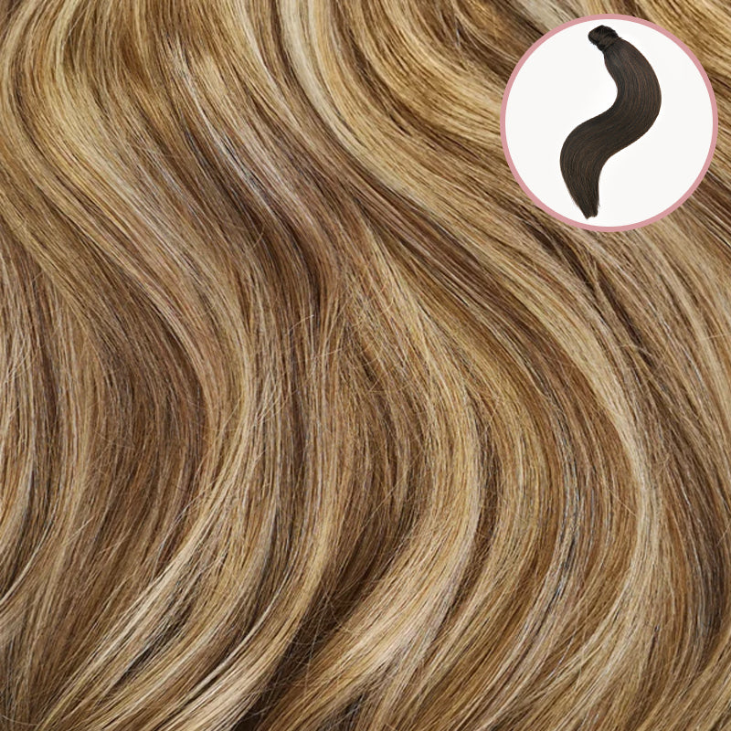 Mixed blonde clip in human hair ponytail. Paardestaart extension van echt haar
